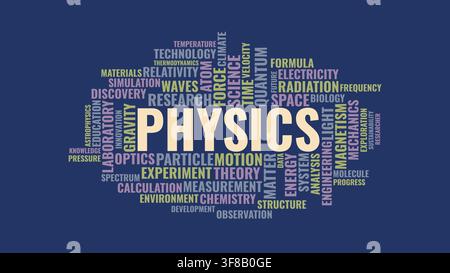 Physics Word Cloud Typography Graphic with Scientific Terms on Dark Blue Background Stock Vector