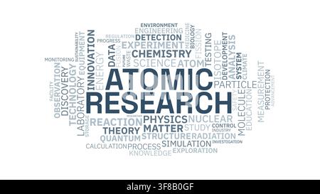 Atomic Research Typography Word Cloud Graphic with Science Physics and Nuclear Terms Stock Vector