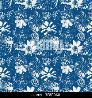Botanical seamless pattern with blue cyanotype flower and leaves stamps. Monochrome grunge autumn nature background. Inky floral vector Stock Vector