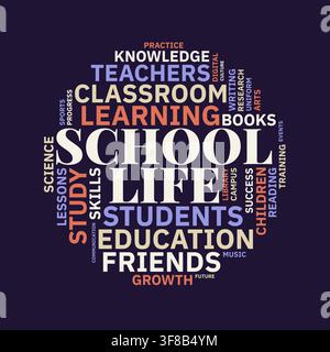 School Life Education Word Cloud Vector Illustration with Related Academic Terms in Circular Shape Stock Vector