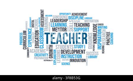 Teacher Word Cloud Typography Graphic with Educational Terms on White Background Stock Vector