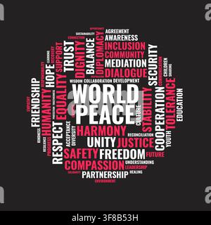 World Peace Word Cloud Concept Vector Illustration with Diplomacy, Unity, and Harmony Keywords on Dark Background Stock Vector