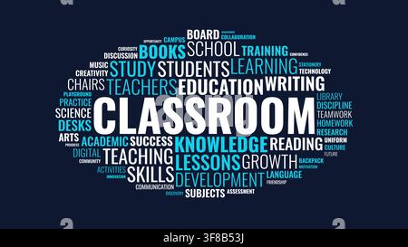 Classroom Education Word Cloud Graphic with Learning and Study Keywords on Dark Background Stock Vector