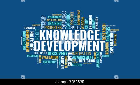 Knowledge Development Typography Word Cloud Concept with Related Education and Learning Words on Blue Background Stock Vector