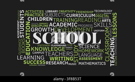 School and Education Word Cloud Typography Graphic on Dark Background Stock Vector