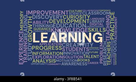 Learning and Education Word Cloud Typography Illustration with Knowledge and Study Keywords on Blue Background Stock Vector