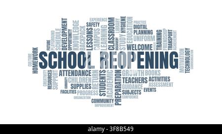 School Reopening Word Cloud Typography Graphic on White Background Stock Vector