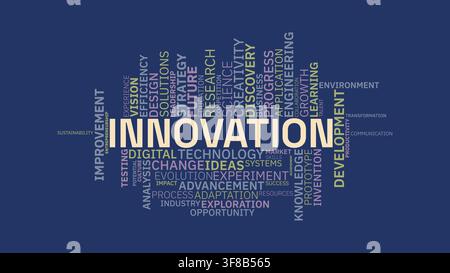 Business and technology innovation word cloud concept with related terms on dark blue background Stock Vector