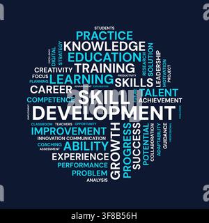 Skill Development Word Cloud Concept Graphic with Business Education and Training Keywords on Dark Blue Background Stock Vector