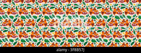 Asian seamless pattern with large tiger faces on white background. Cartoon tiger illustration with lush foliage for fabric and wrapping paper. Drag to Stock Vector