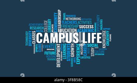Campus Life Word Cloud Illustration with Education, Learning, and College Related Terms Stock Vector