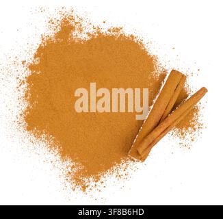 Ground cinnamon powder with cinnamon sticks isolated on white background Stock Photo