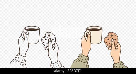 Coffee and Cookie in Hands, Vector Illustration. Cozy Coffee Break with Hot Drink and Biscuit. Hand Drawn Line Art and Color Illustration Set Stock Vector