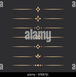 Luxury gold divider ornament set with elegant vintage line decorations, minimal floral and diamond separators on dark background for labels Stock Vector