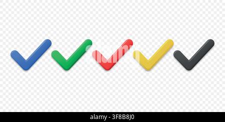 Check Mark Icon Set, 3d Vector Illustration. Colorful Tick Symbols in Blue, Green, Red, Yellow and Black. Approved, Verified and Correct Sign Stock Vector