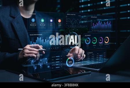 AI business analytics dashboard helps analysts monitor revenue, profit, sales, customers, market share, KPIs, statistics, product performance for data Stock Photo