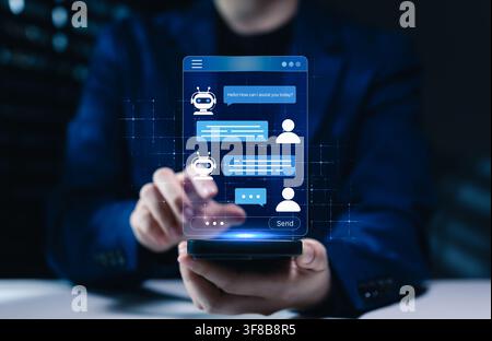 AI chatbot customer service interface on smartphone shows virtual assistant conversation as user interacts with automated support, digital communicati Stock Photo