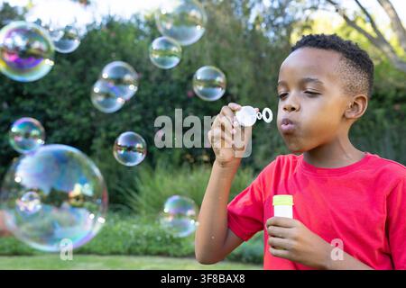 African American boy blowing bubbles in park wearing red tee holding wand and bottle, copy space. Outdoors, lawn, yard, greenery, sunlight, playful, c Stock Photo