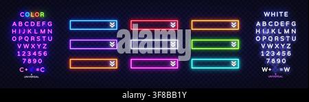 Set of neon rectangular buttons with chevron arrows, paired with editable color and white alphabet on dark background. Glowing UI elements for website Stock Vector