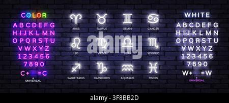 Neon zodiac symbols collection with editable alphabet and glowing characters. Astrology set for horoscope branding, cosmic poster and mystical Stock Vector