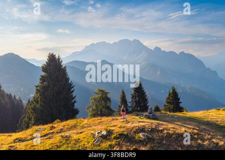 The panoramic view over Presolana massif in summer from Croce del Vareno. Angolo Terme, Valcamonica, Brescia district, Lombardy, Italy. Stock Photo