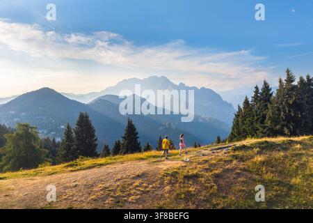 The panoramic view over Presolana massif in summer from Croce del Vareno. Angolo Terme, Valcamonica, Brescia district, Lombardy, Italy. Stock Photo