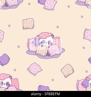 Seamless Pattern with Cute Kawaii Panda Character Hiding Under Stack of Soft Pillows on Beige Background. Cozy Bear Character. Sensory Safe Space, Com Stock Vector