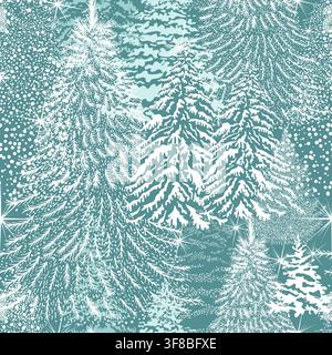 Seamless Christmas background with snowy trees in the forest. hand drawing. Not AI. Vector illustration Stock Vector
