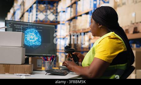 Young woman scanning barcodes with AI automation systems to handle warehouse operations, managing tracking software service. Shipment details on labels in busy distribution hub. Camera B. Stock Photo