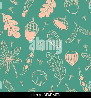 Seamless pattern with seeds, pods and autumn leaves. Vector hand-drawn doodle illustrations. Stock Vector