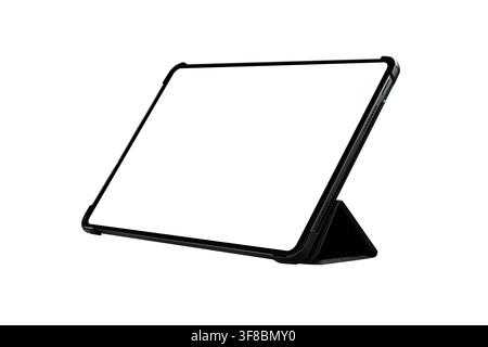 Blank modern tablet computer mockup with black stand case in angled view isolated on white background Stock Photo