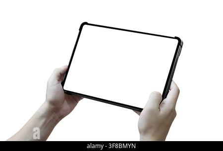 Two hands holding a tablet in landscape orientation with a blank screen isolated on white Stock Photo