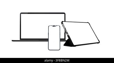 Multiple device mockup set including laptop smartphone and tablet with blank screens isolated on white Stock Photo