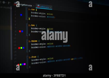 Close-up of a computer screen displaying lines of CSS code Stock Photo