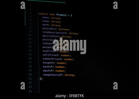 Close-up of a computer monitor displaying TypeScript source code Stock Photo