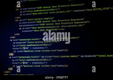 Close-up of GDPR-related HTML source code displayed on a dark computer screen Stock Photo