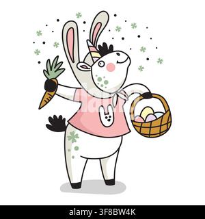 Cute Easter bunny unicorn with a carrot colored vector illustration Stock Vector