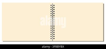 Panoramic notebook spread shows silver central coils, cream blank paper surface, neat perimeter, soft shadow, white backdrop. For printable stationery, education, office writing, notes, planning Stock Vector