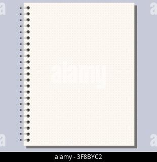 Ivory dotted grid notebook page shows fine ruling, side wire binding, and upright portrait format on light gray background. Suitable for schoolwork, planning, stationery layouts, notes and Stock Vector