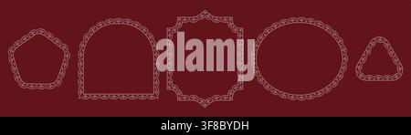 Dusty rose petite floral scallop lace borders outline pentagon, arch, plaque, oval plus triangle frames on maroon isolated as minimal eyelet set for romantic wedding labels, feminine stationery. Stock Vector