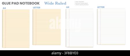 Set of four wide ruled glue pad sheets spanning A4 plus Letter formats, in ivory and white, featuring blue horizontal lines, red margins. For writing practice, printable stationery or school layouts Stock Vector