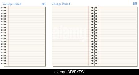 Ivory college ruled notebook page shows blue horizontal ruling plus red margin, black wire binding, and upright formats on white background. Suitable for schoolwork, planning, stationery Stock Vector