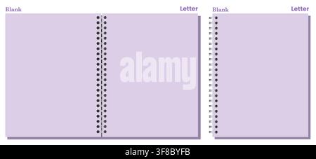 Set of lavender blank Letter spiral pages has black side and center coils, clean rectangular sheets, and gray shadows. Useful for notes, school planning, office layouts, or printable documents Stock Vector