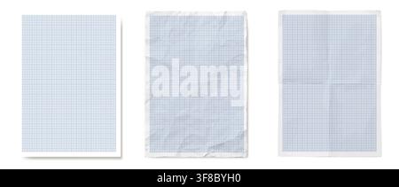 Set of three portrait blue grid graph sheets presenting pristine flat, heavily crumpled and cross-folded states on white. Ideal for stationery texture comparisons, school paper assets or design packs Stock Vector
