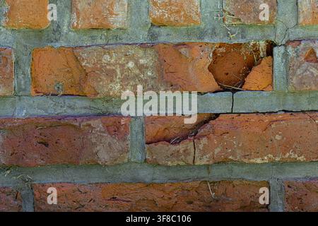 Weathered brick wall with visible cracks and moss. Tattered mortar holds aged red bricks in place. Cracks run through the wall like faded lines of tim Stock Photo