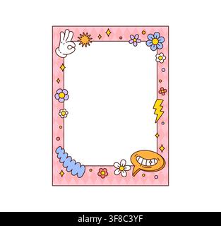 Groovy retro cartoon frame with pink diamond pattern, smiling speech bubble, flowers, sparkles, lightning bolt and playful hand gesture. Psychedelic Y2K border for social media posts and planners Stock Vector