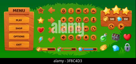 Wooden game UI interface menu and window frame panel with loading bars and tool icons. Buttons and level indicators for mobile video game interface with progress bars board and cartoon elements Stock Vector