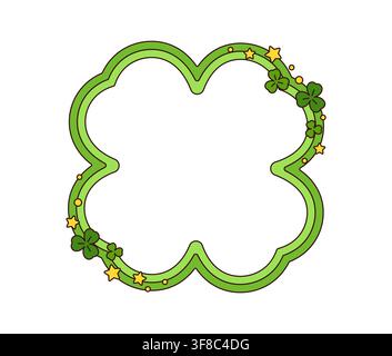 Retro groovy scalloped frame in green wavy tones decorated with clovers and golden stars. Fun 70s psychedelic y2k border for Happy Patrick Day cards, social media graphics and playful invitations Stock Vector