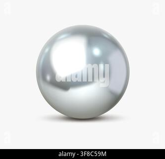 3D silver metal and pearl ball, bubble glossy chrome sphere. Lustrous steel orb on white background. Jewelry bead with shadows conveying luxury. Decorative metallic abstract molecule, realistic pearl Stock Vector
