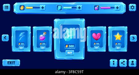 Game shop ice crystal interface window and icons, frozen loading bars, icy store panel ui, sale board frame, buttons, navigation controls and purchase cards. Fantasy cartoon GUI assets for mobile game Stock Vector